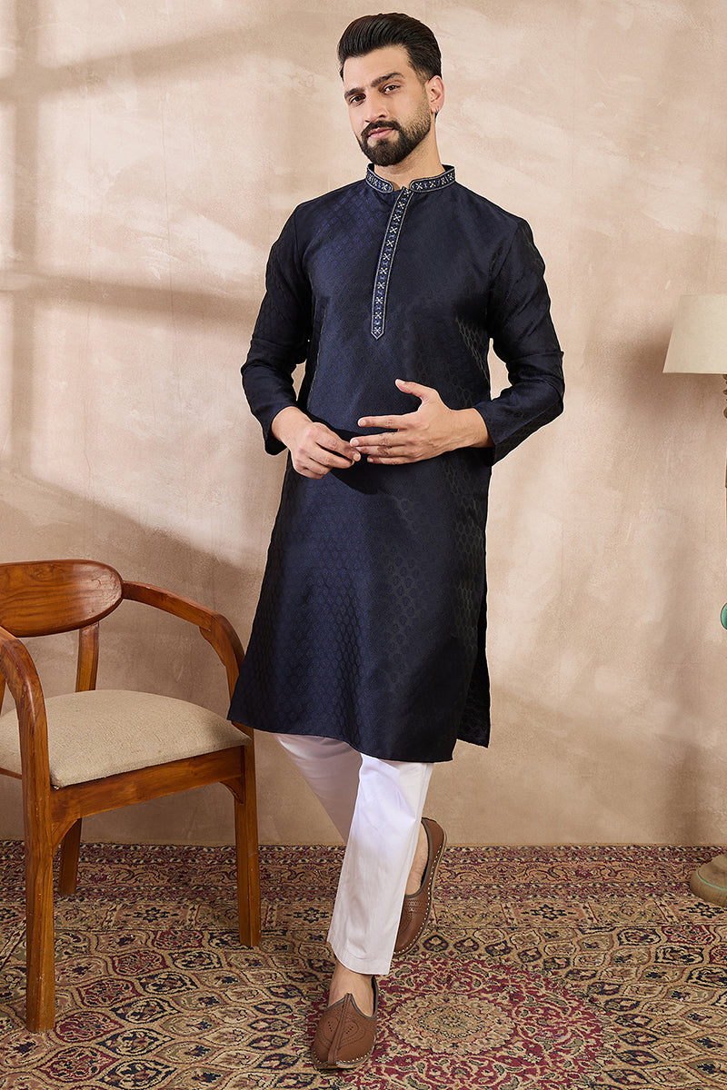 Navy Blue Silk Blend Solid Woven Design Straight Kurta | SHOBITAM