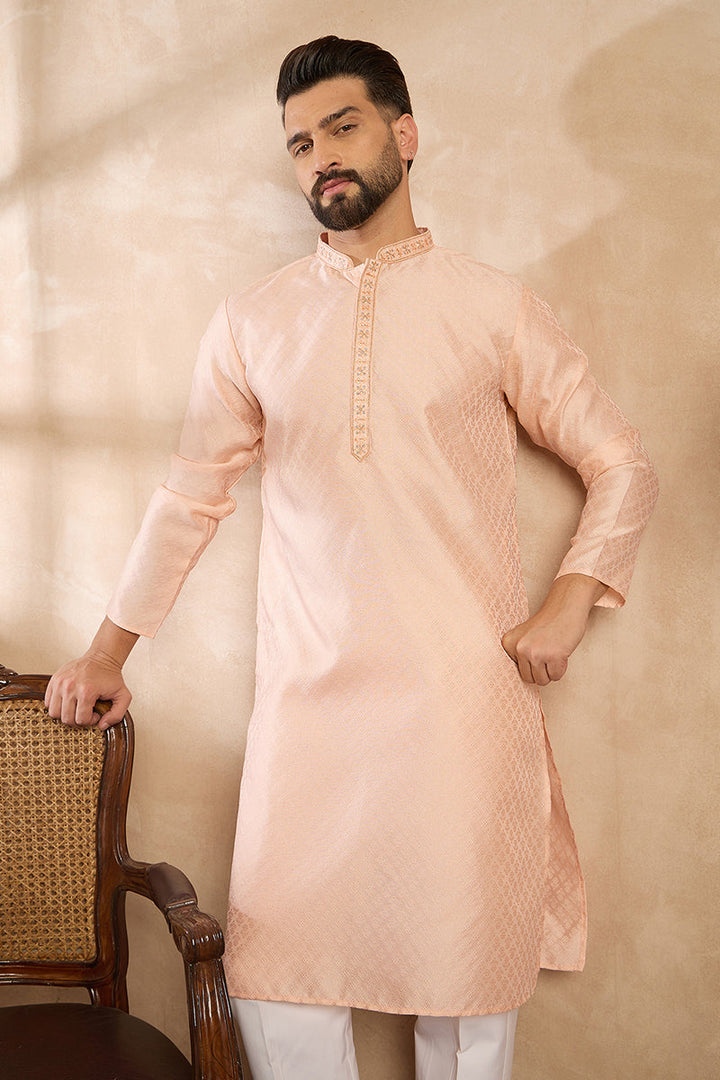 Peach Polyester Solid Embroidered Straight Kurta With Trouser | SHOBITAM