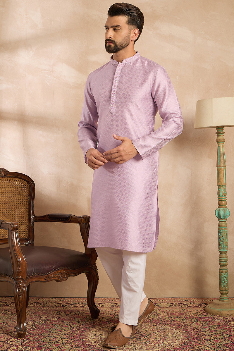 Lavender Polyester Solid Embroidered Straight Kurta | SHOBITAM