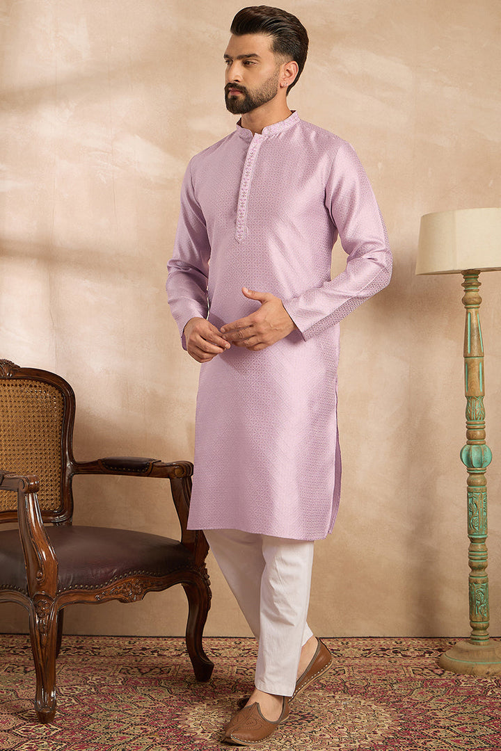 Lavender Polyester Solid Embroidered Straight Kurta | SHOBITAM