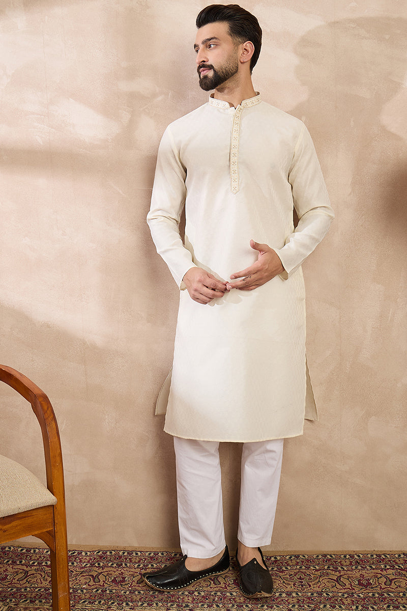 Off White Silk Blend Solid Woven Design Straight Kurta With Trouser | SHOBITAM