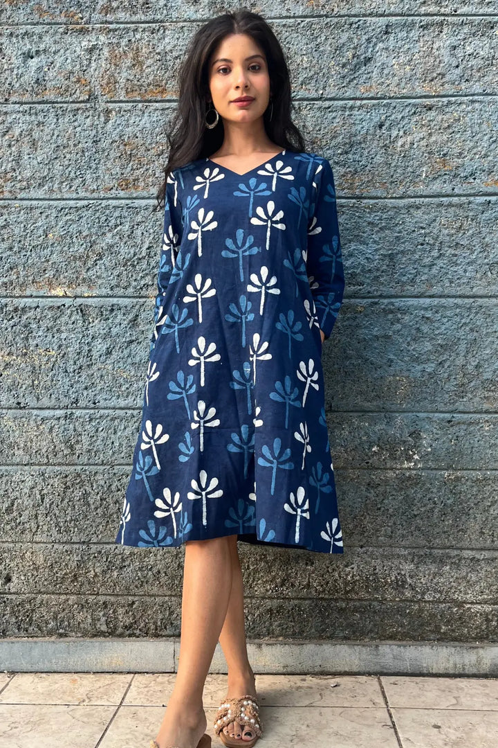 Indigo Block Print Dress | SHOBITAM