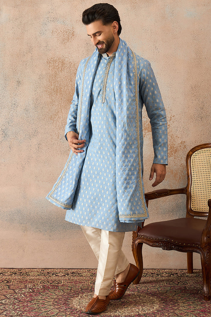 Men Blue Jacquard Woven Design Floral Straight Kurta Sets | SHOBITAM