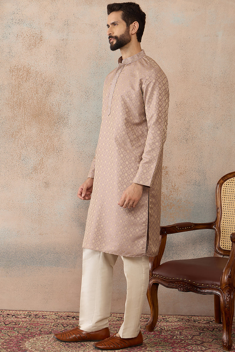 Mens Taupe Jacquard Ethnic Motifs Embroidered Kurta | SHOBITAM