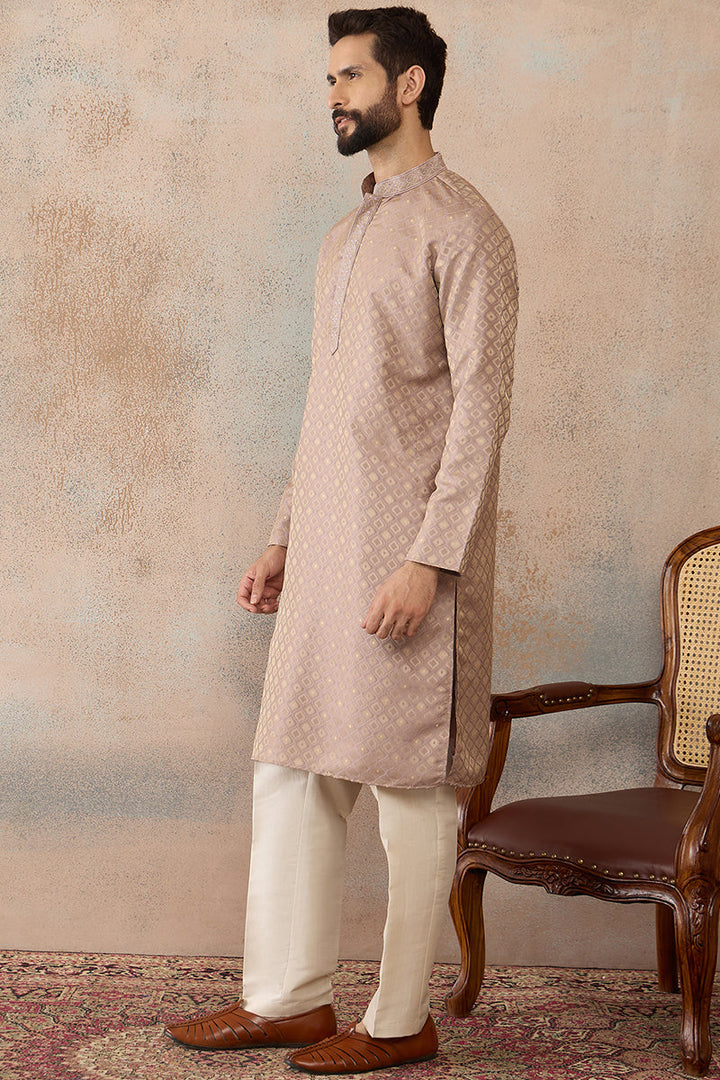 Mens Taupe Jacquard Ethnic Motifs Embroidered Kurta | SHOBITAM