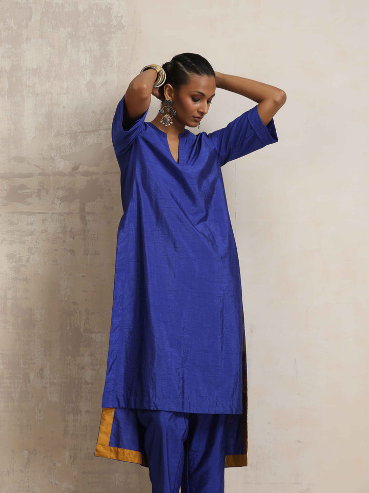 Blue Silk High Slit Kurta Set  | SHOBITAM
