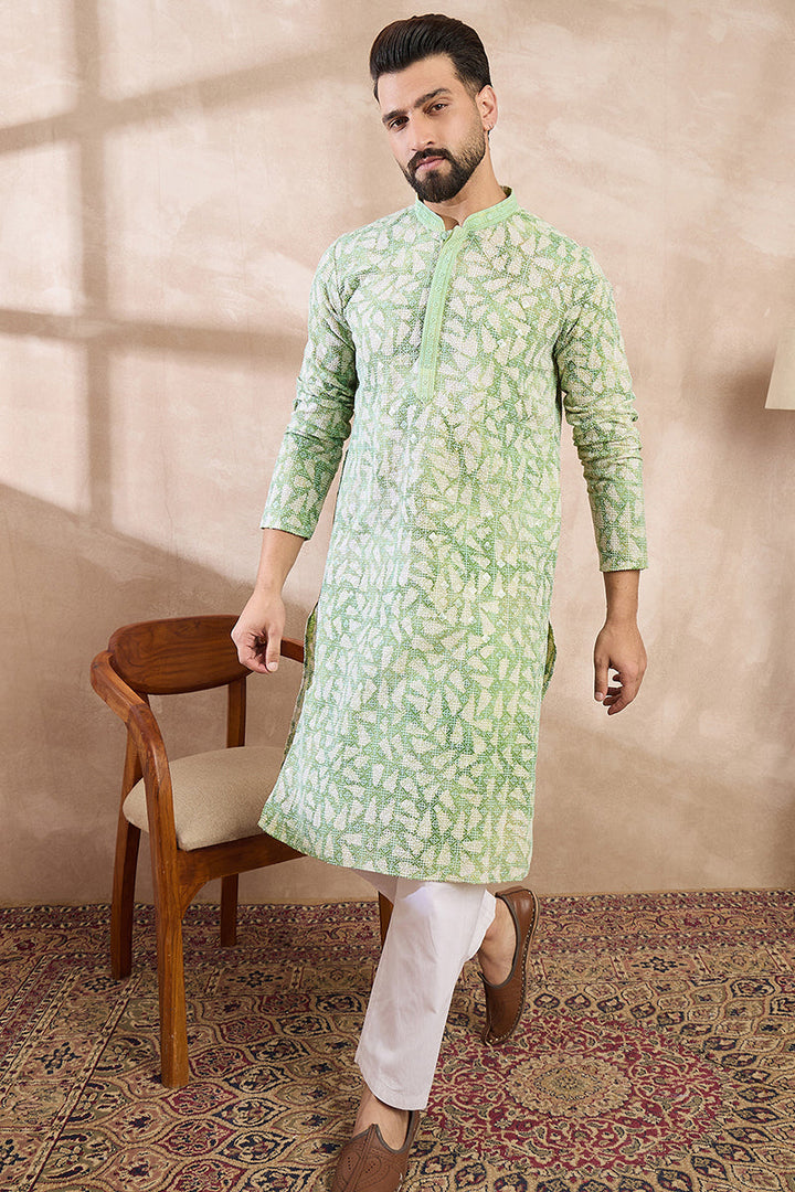 Green Viscose Rayon Ethnic Motifs Embroidered Straight Kurta With Trouser | SHOBITAM