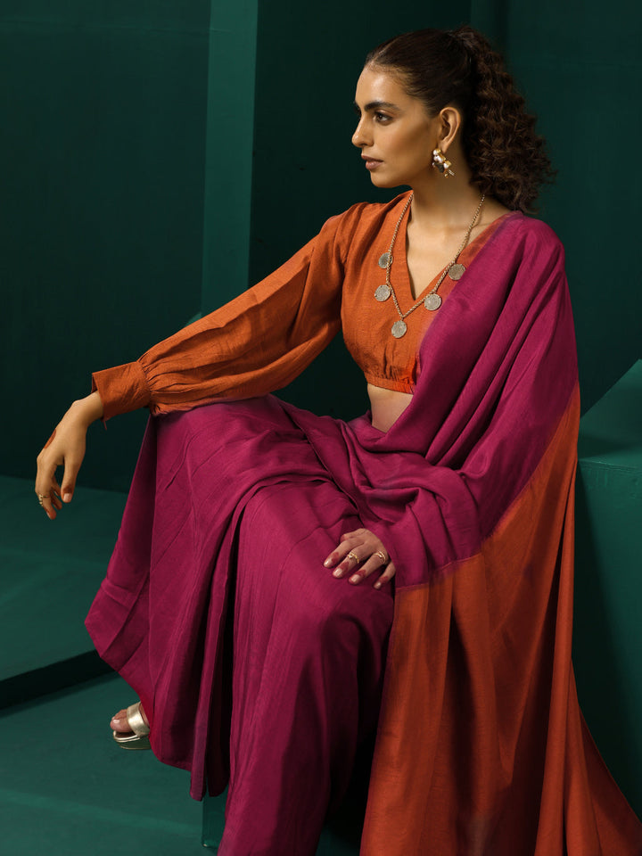Maroon Rust Silk Saree With Unstitched Blouse | SHOBITAM