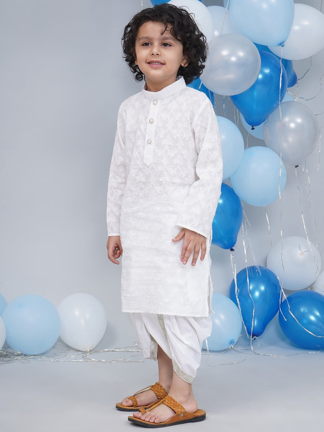 Boys Cotton Full Sleeves Self Weaving Kurta with Dhoti and Pearl Buttons - White | SHOBITAM