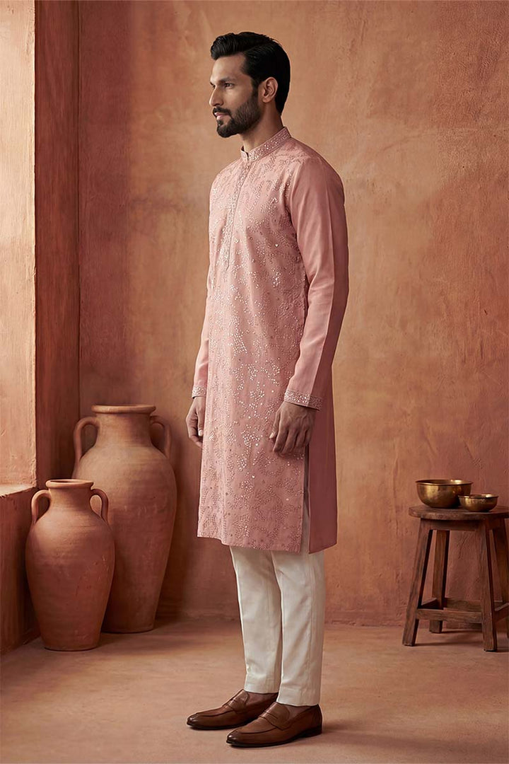 Silk Blend Peach Solid Embroidered Calf Length Straight Kurta | SHOBITAM