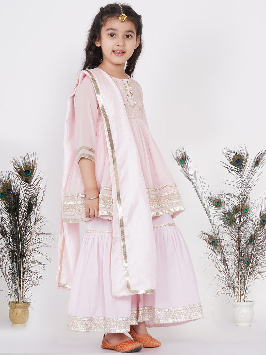 Girls Gotta Patti work Kurta frock with Sharara and Dupatta - Baby Pink | SHOBITAM