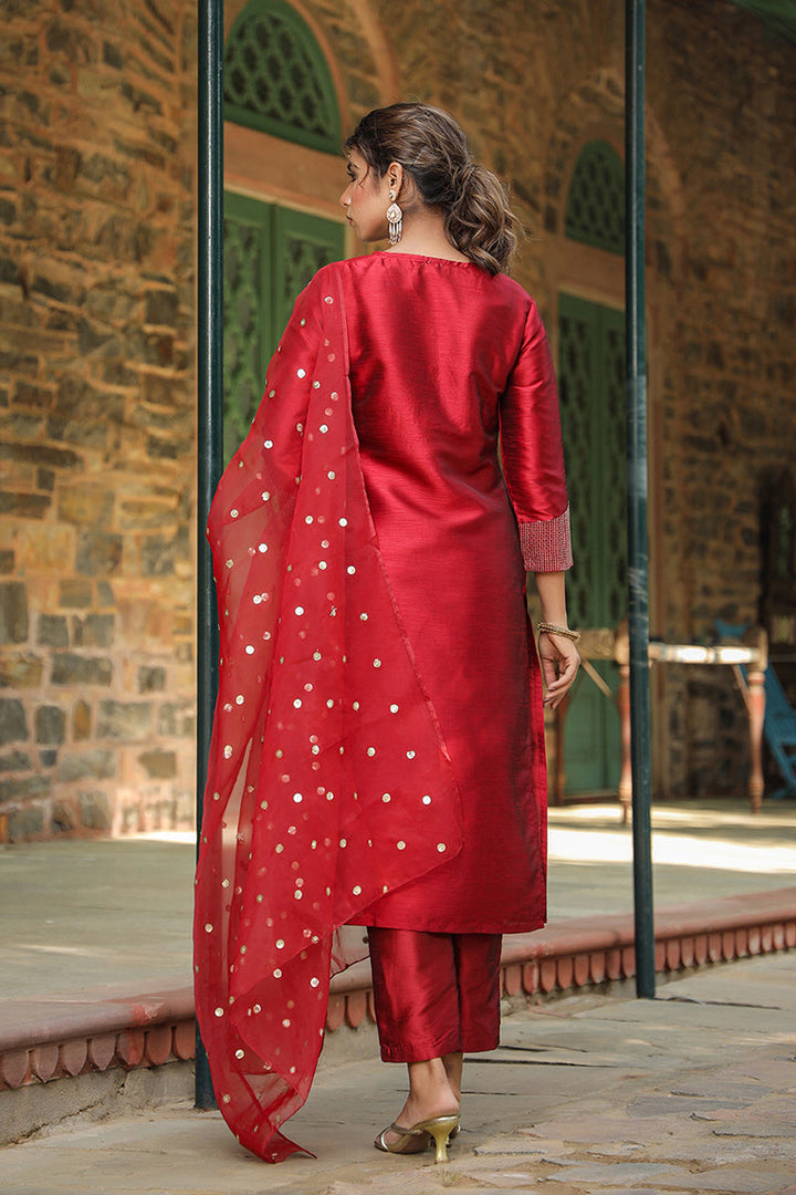 Maroon Poly Silk Solid Yoke Design Kurta Trousers With Dupatta | SHOBITAM