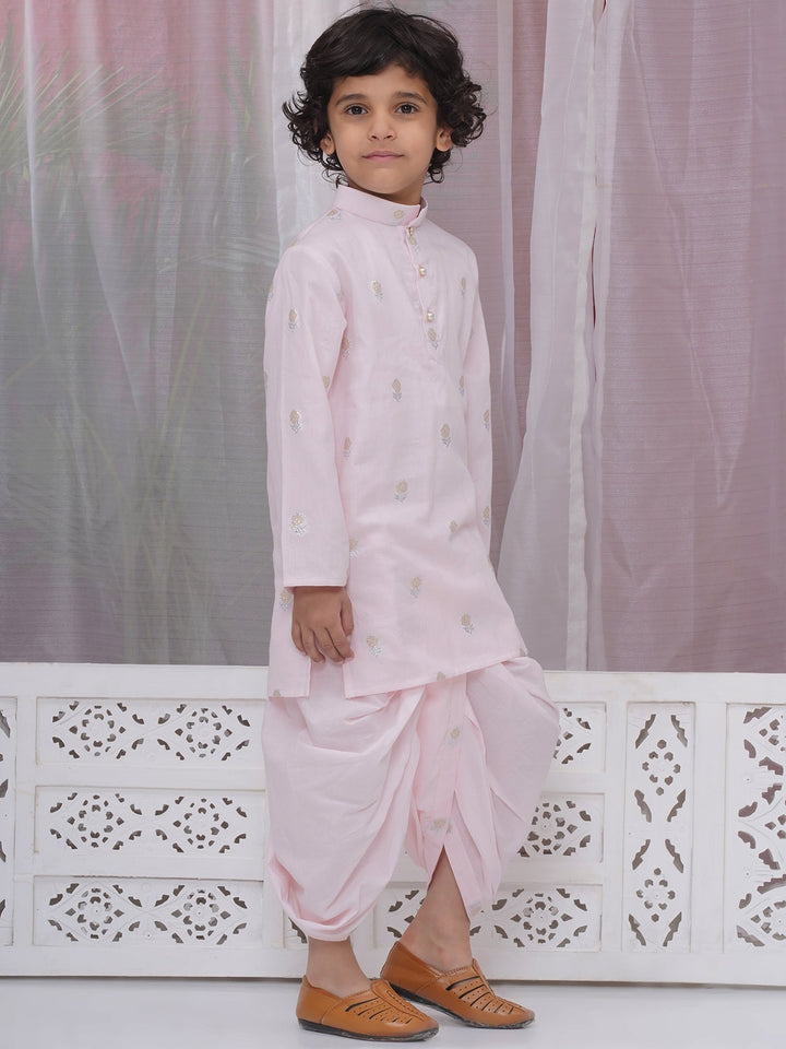 Boys Cotton Full Sleeves Kurta and Dhoti with Floral Zari Work - Pink | SHOBITAM