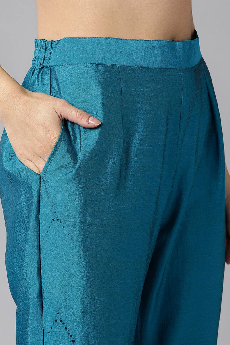 Blue Poly Chanderi Solid Straight Suit Set | SHOBITAM