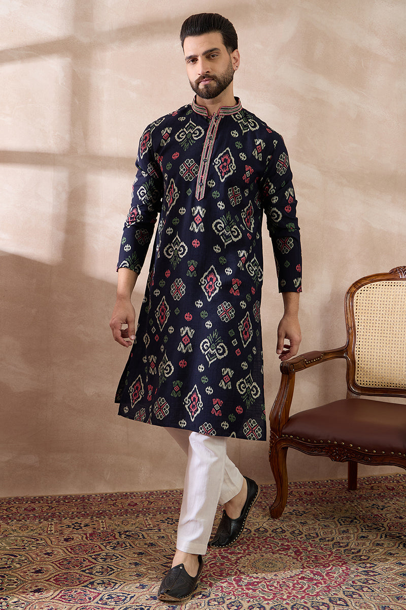 Blue Silk Blend Printed Mandarin Collar Straight Kurta With Trouser | SHOBITAM