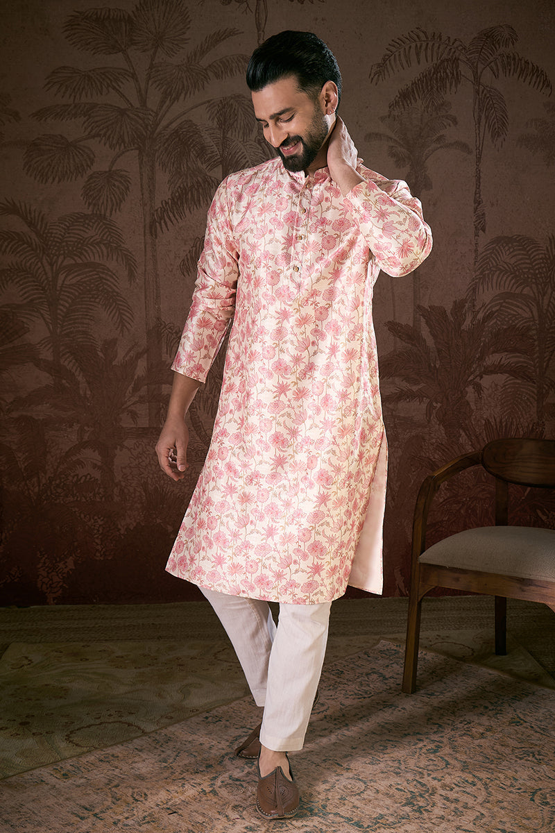 Off White Silk Blend Floral Printed Straight Kurta For Men | SHOBITAM