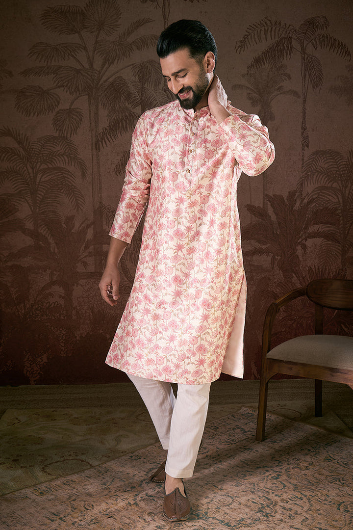 Off White Silk Blend Floral Printed Straight Kurta For Men | SHOBITAM