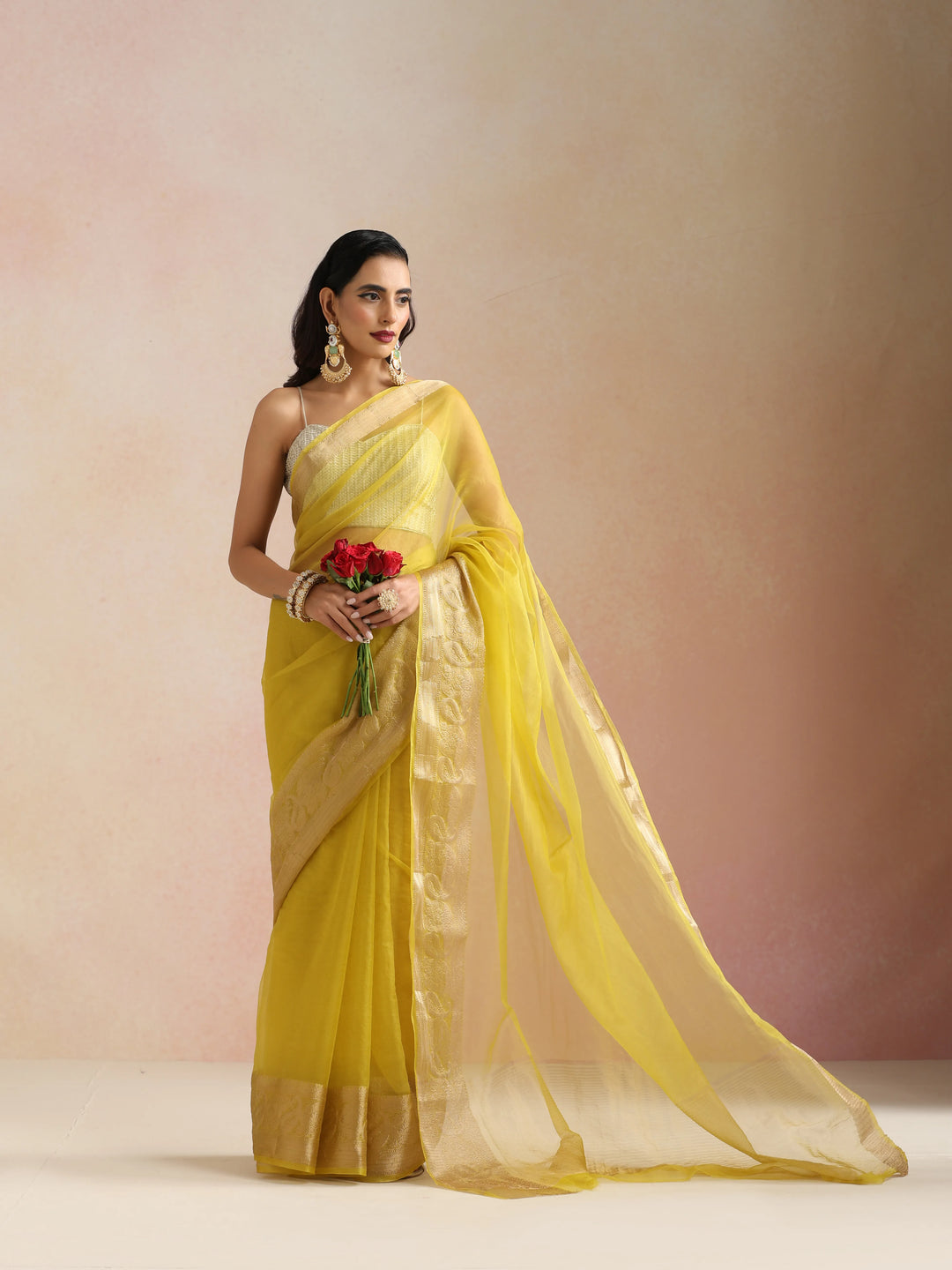 Lime Organza Saree With Unstitched Blouse| SHOBITAM