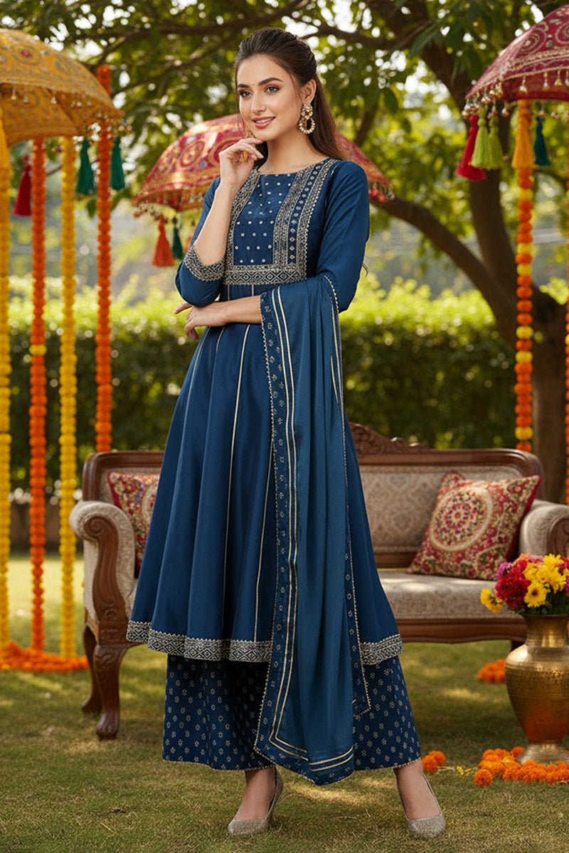 Teal Blue Silk Blend Ethnic Motifs Anarkali Suit Set | SHOBITAM