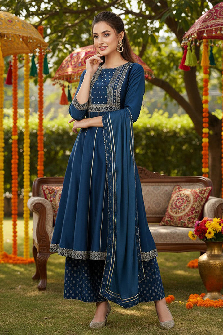Teal Blue Silk Blend Ethnic Motifs Anarkali Suit Set | SHOBITAM