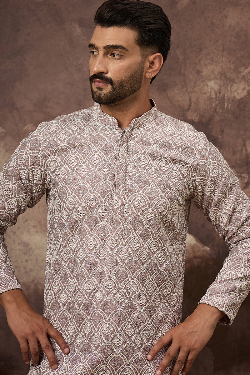 Mauve Viscose Rayon Solid Embroidered Straight Kurta with Trouser  | SHOBITAM