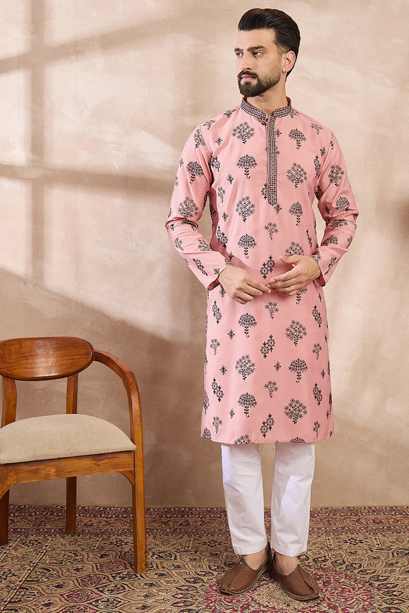 Peach Silk Blend Solid Embroidered Straight Kurta With Trouser For Men | SHOBITAM