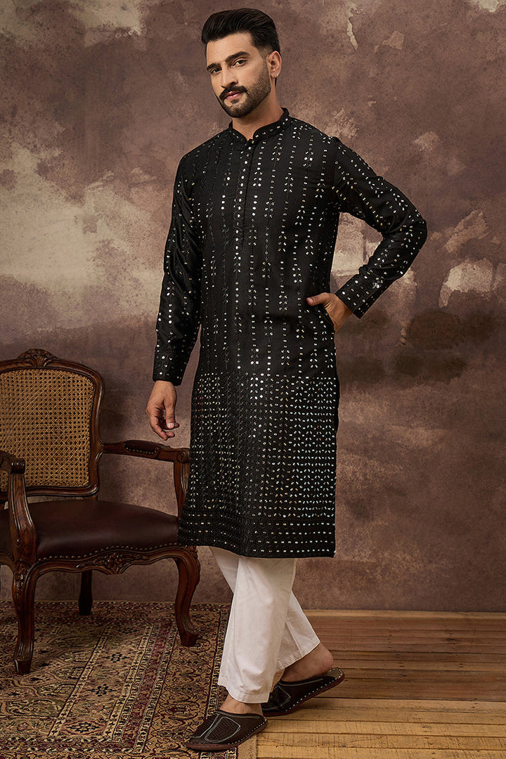 Black Silk Blend Solid Embroidered Straight Kurta With Pant Set | SHOBITAM