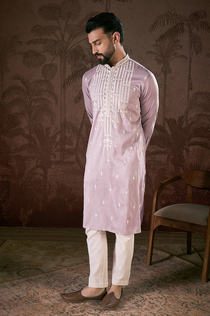 Lavender Silk Blend Solid Embroidered Straight Kurta With Trouser | SHOBITAM