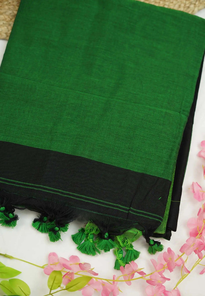 Black And Green Slub Cotton Saree  SHOBITAM