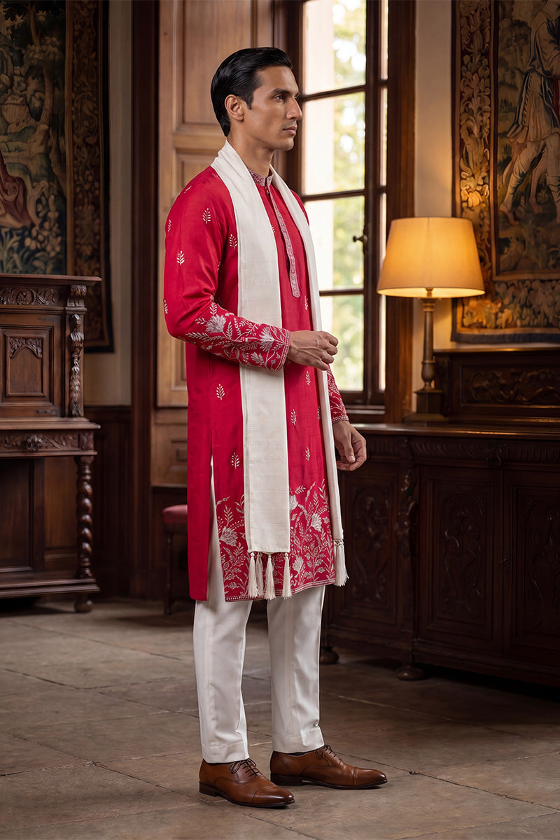 Men Pink Silk Blend Solid Embroidered Straight Kurta Trouser with Dupatta  | SHOBITAM