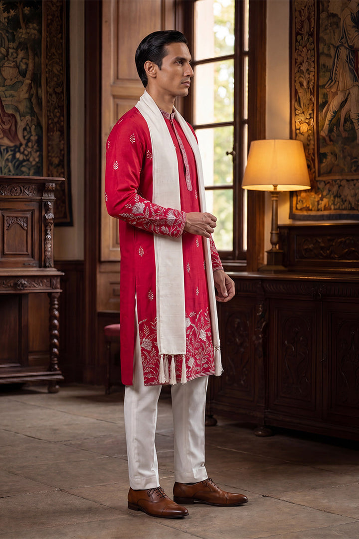 Men Pink Silk Blend Solid Embroidered Straight Kurta Trouser with Dupatta  | SHOBITAM