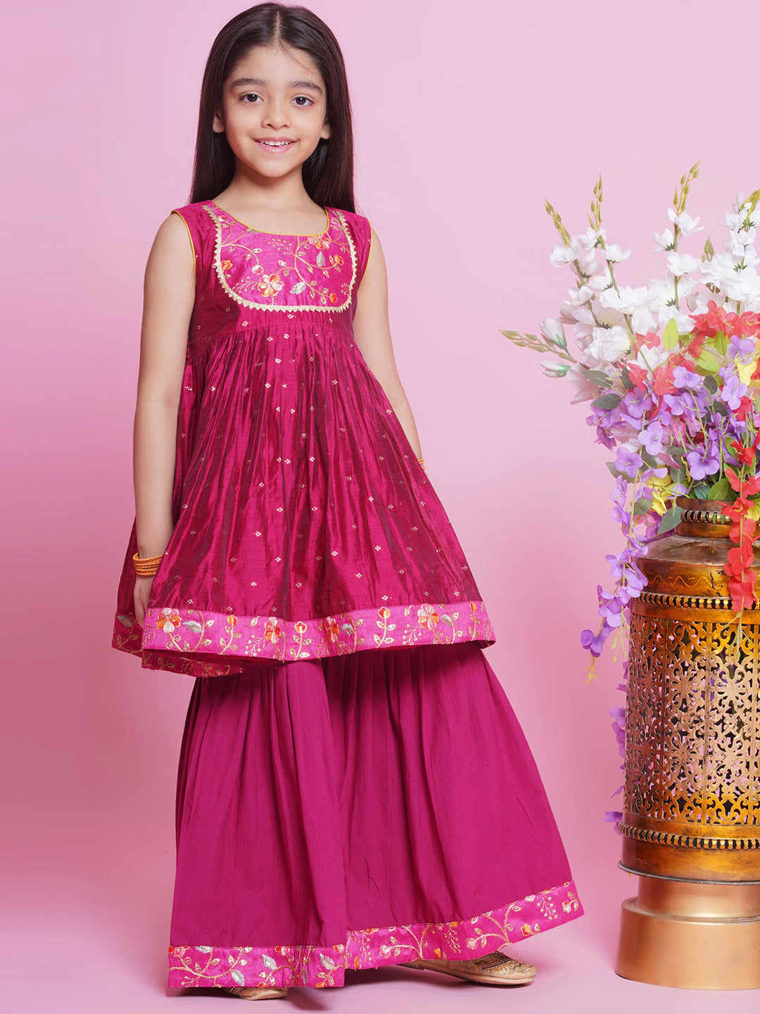 Chanderi Semi-Silk Sleeveless Floral & Zari Embrodiery Kurta Frock with Sharara and Dupatta - Hot Pink | SHOBITAM