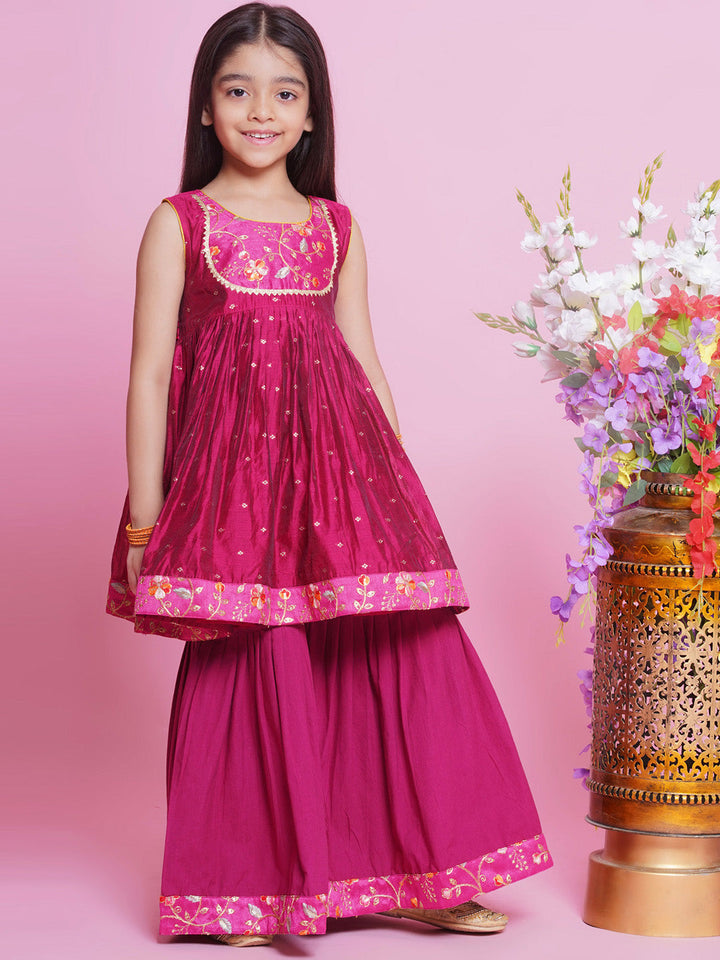 Chanderi Semi-Silk Sleeveless Floral & Zari Embrodiery Kurta Frock with Sharara and Dupatta - Hot Pink | SHOBITAM