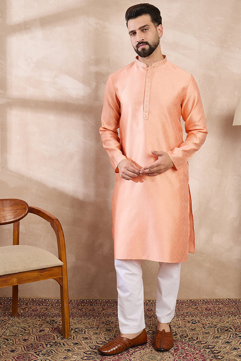 Peach Silk Blend Solid Embroidered Straight Kurta | SHOBITAM