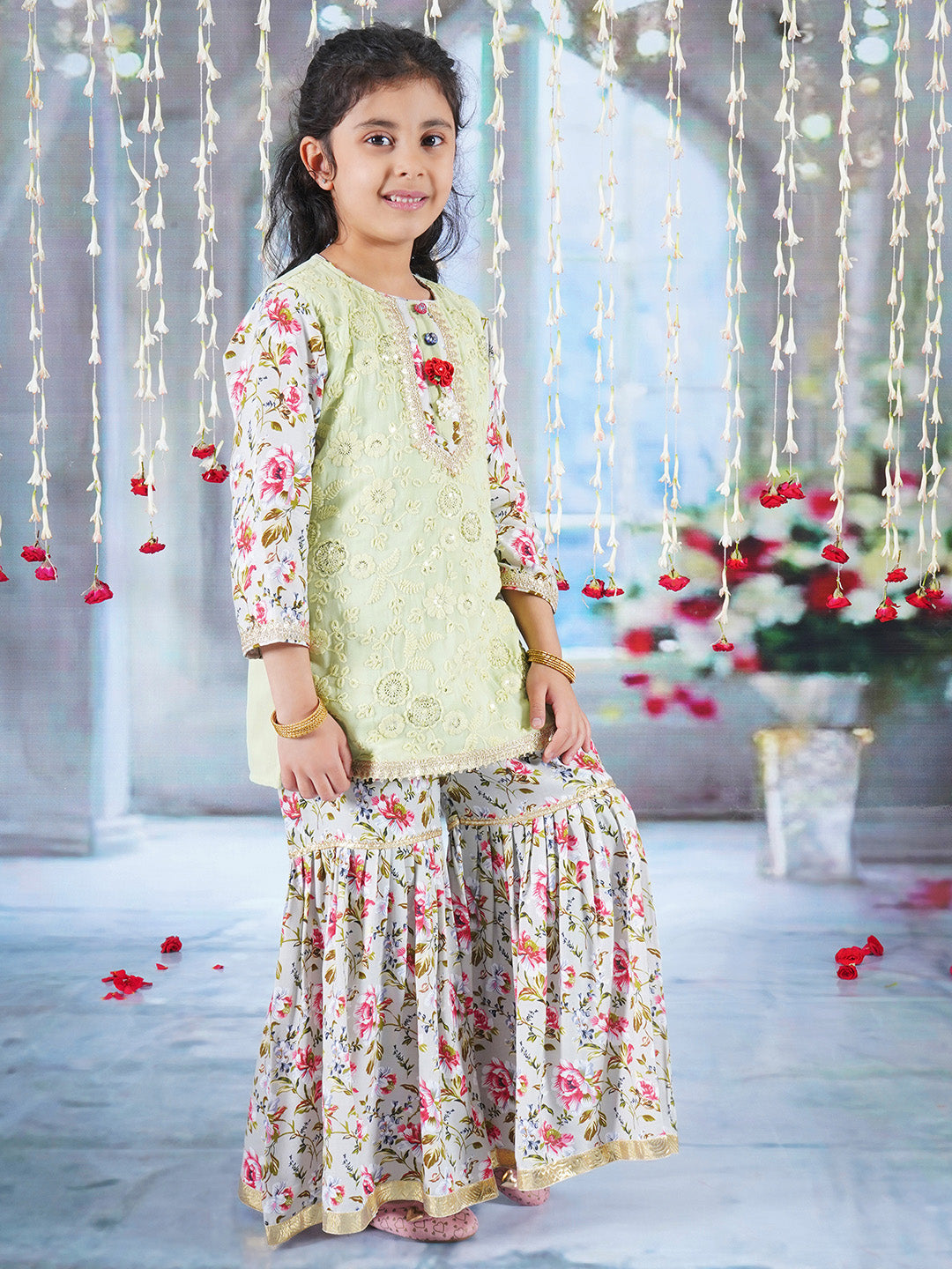 Girls Cotton Full Sleeves Kurta Sharara and Dupatta with Garden Rose Print, Floral Embroidery, Lace & Floral Work - Antique Green | SHOBITAM