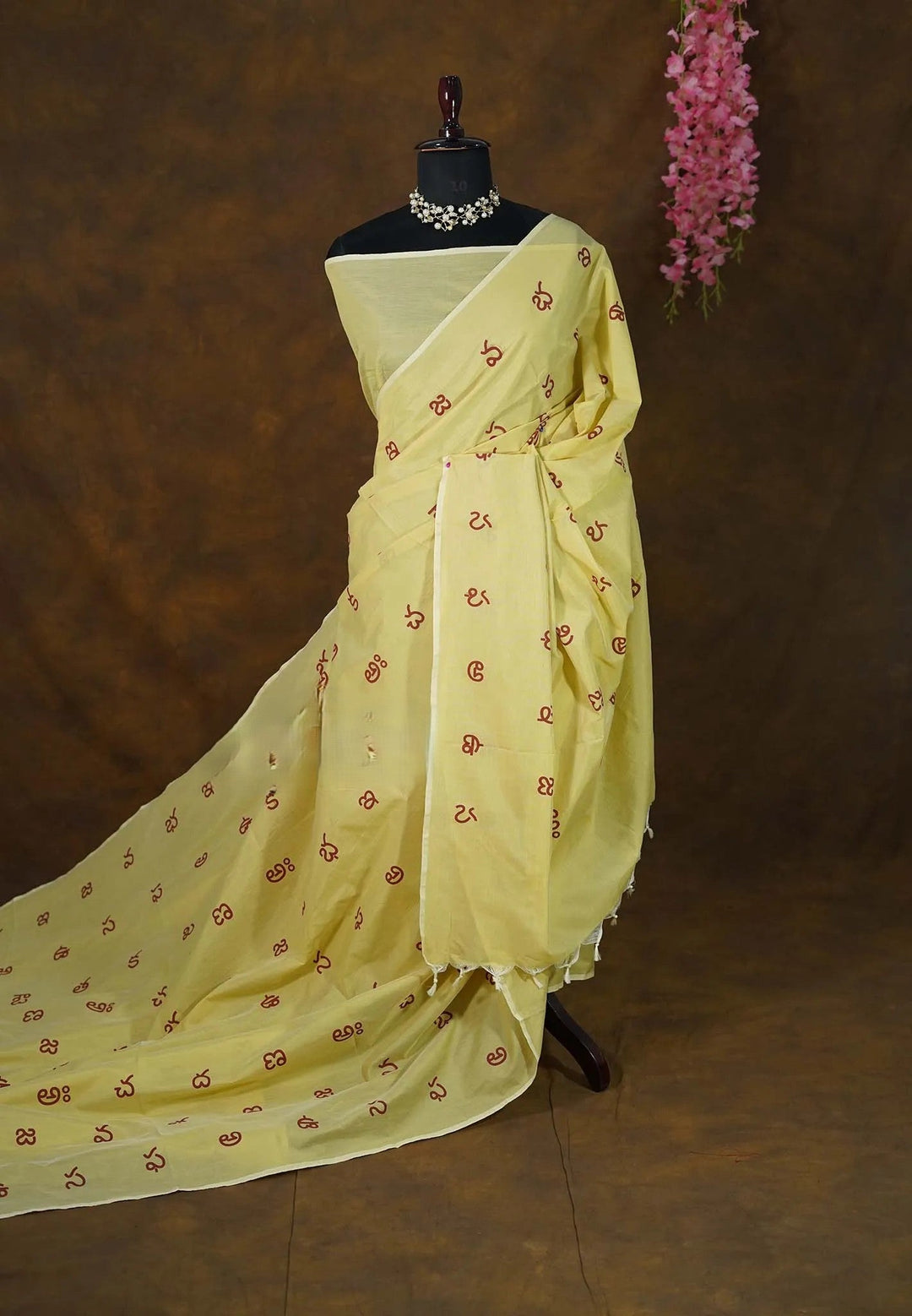 Pre-Order Dewy Yellow Telugu Letters Handblock Printed Bamboo Cotton  | SHOBITAM