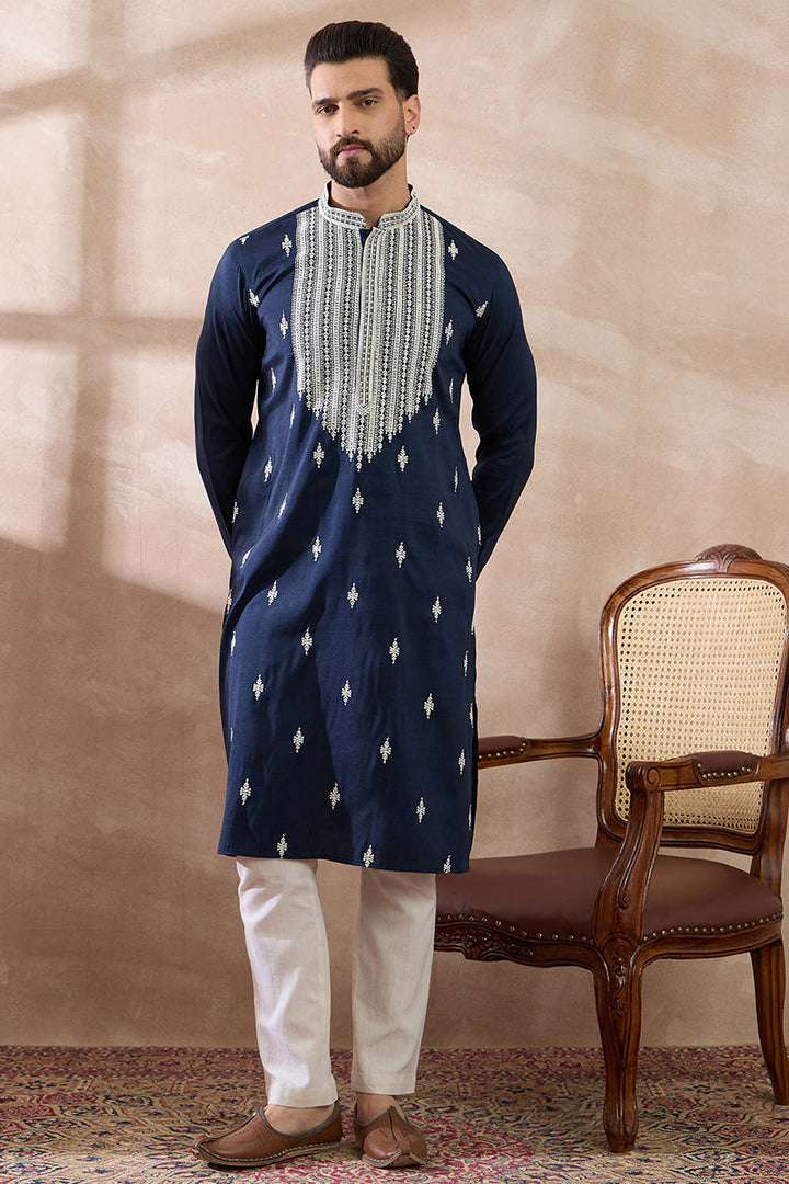 Navy Blue Silk Blend Embroidered Mandarin Collar Straight Kurta | SHOBITAM