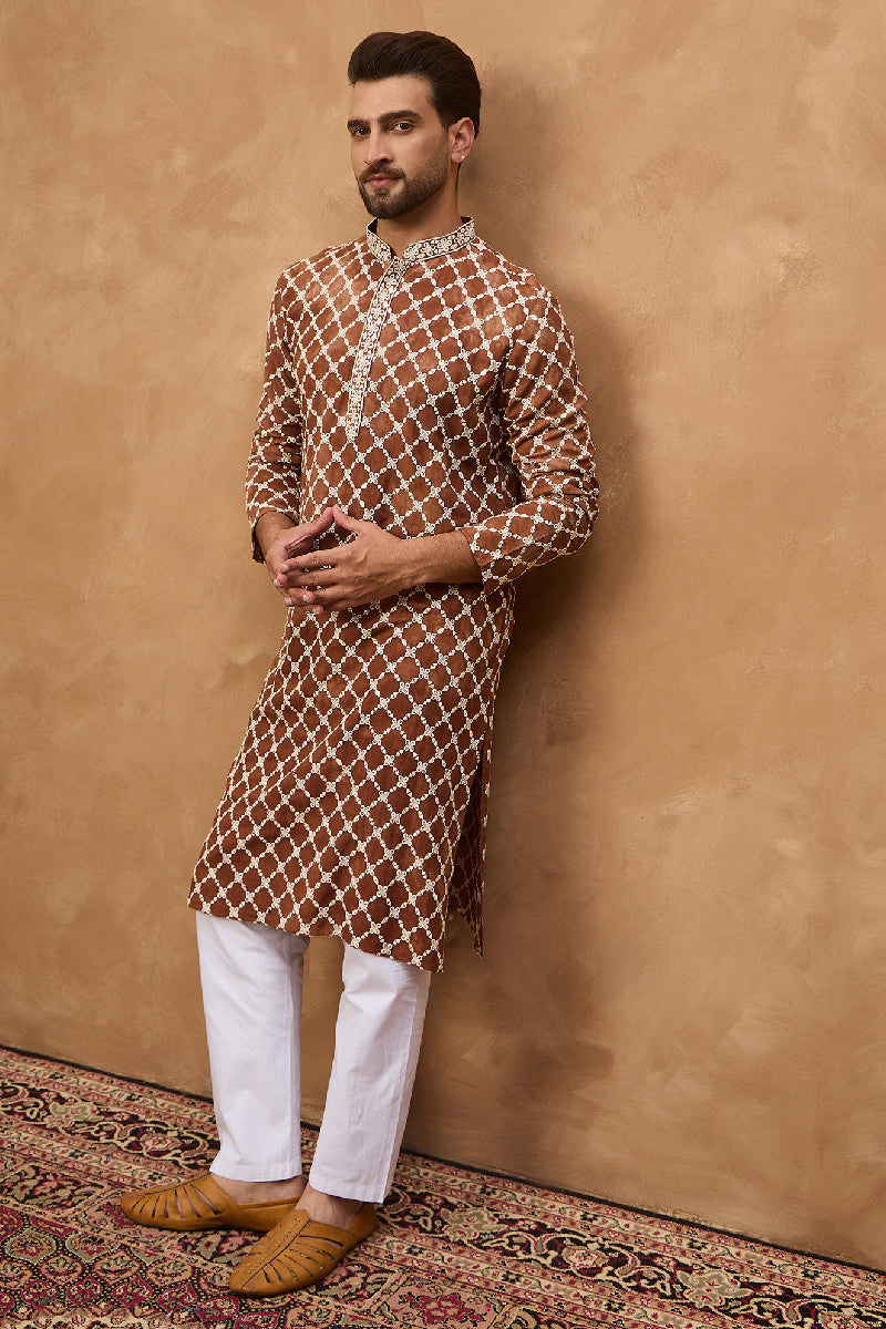 Brown Viscose Rayon Solid Embroidered Straight Kurta With Pant Set | Shobitam