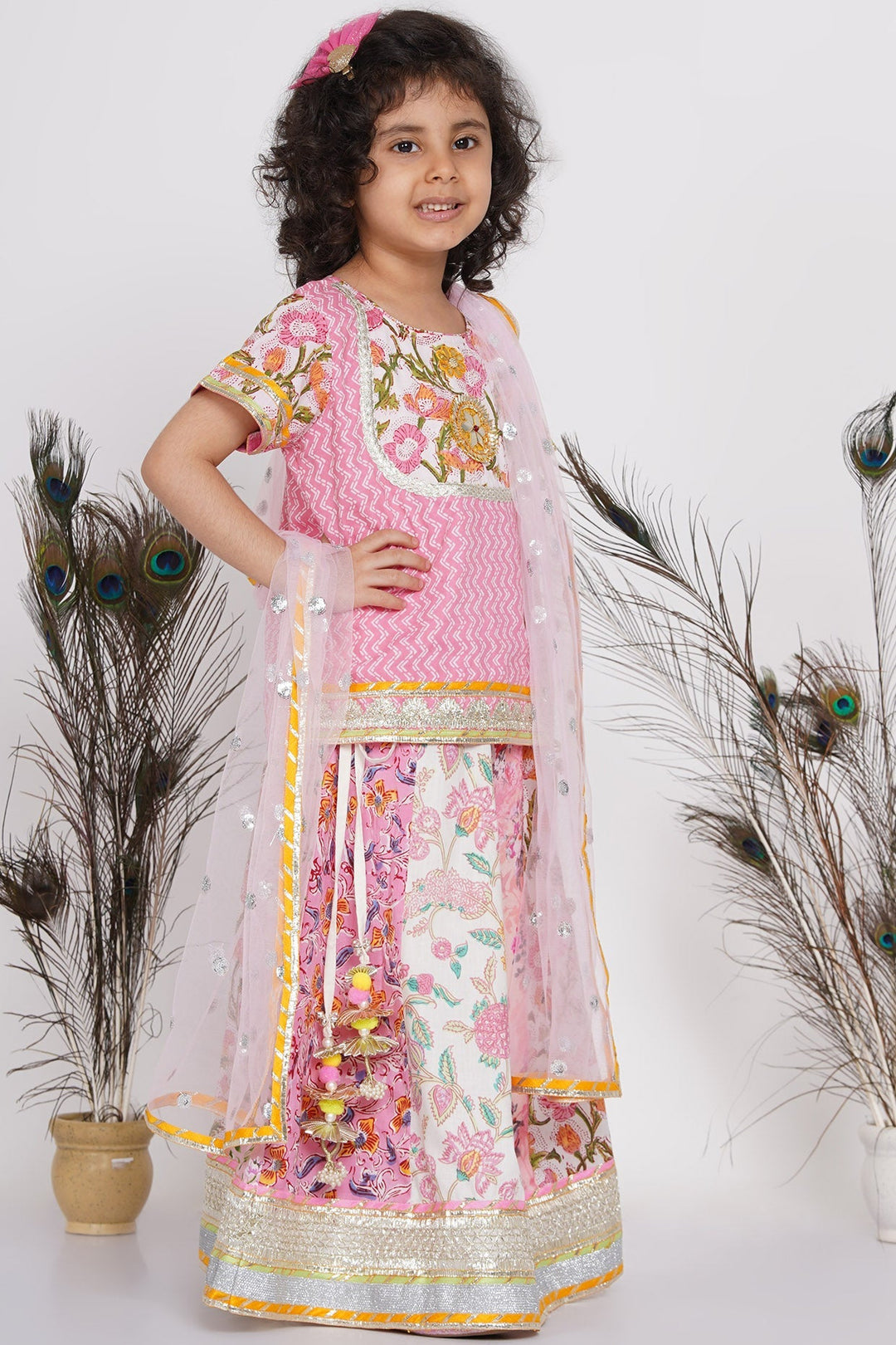 Girls Kali Work Floral Lehenga with Long Jaipuri Kurta and Dupatta in Pink | SHOBITAM