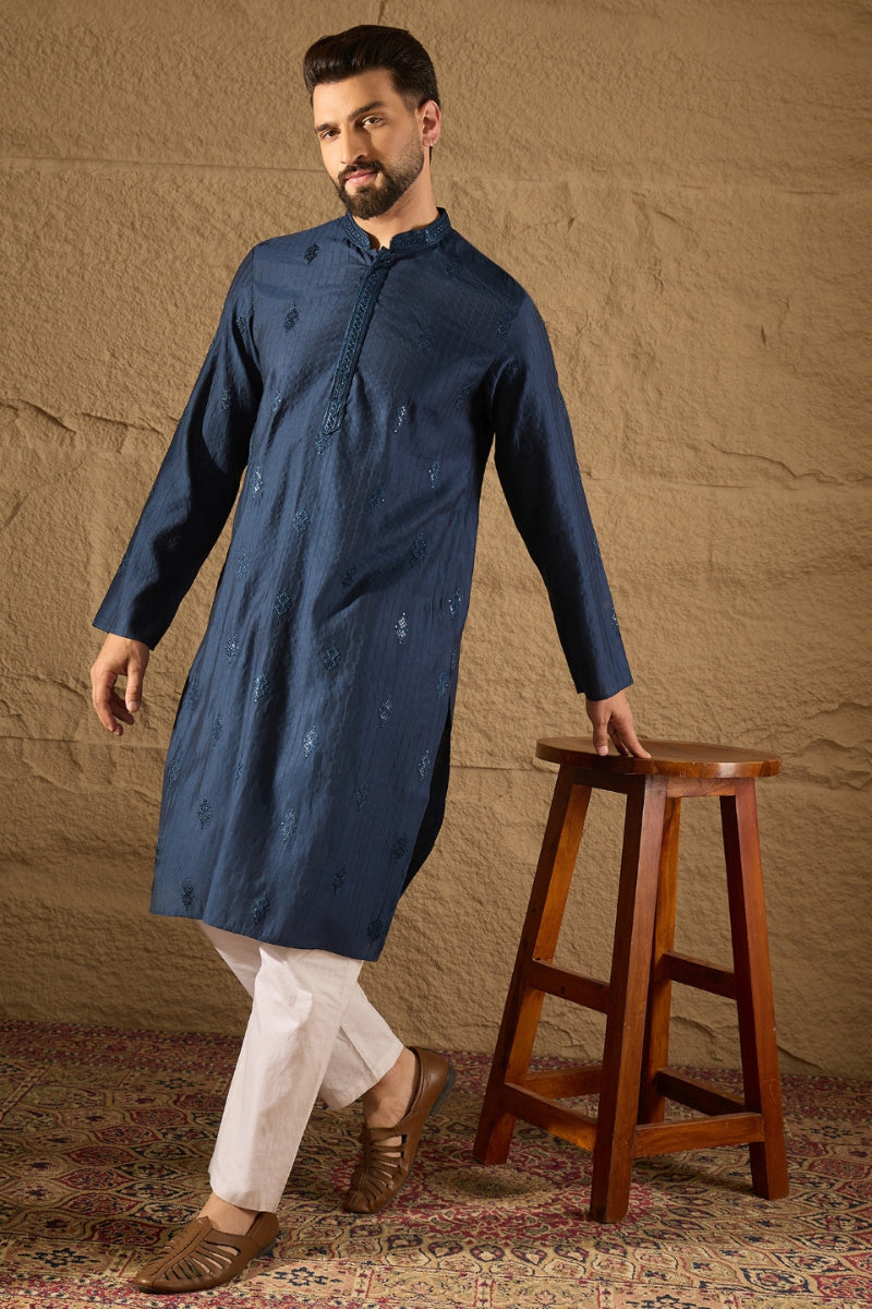 Blue Viscose Rayon Solid Embroidered Straight Kurta | SHOBITAM