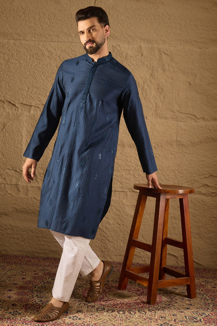 Blue Viscose Rayon Solid Embroidered Straight Kurta | SHOBITAM