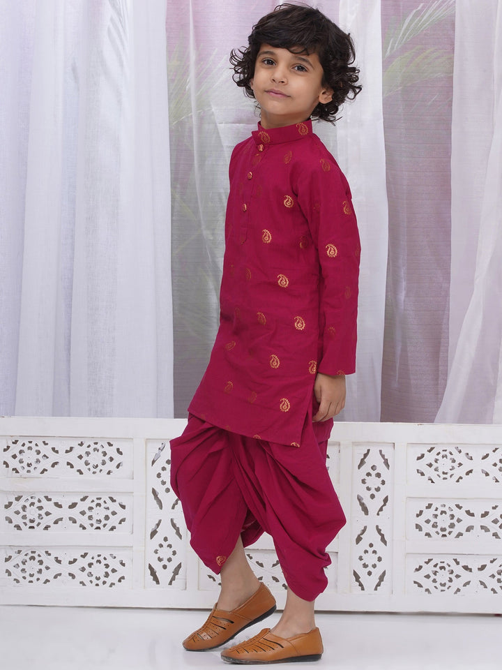 Boys Cotton Full Sleeves Kurta and Dhoti with Golden Paisley Zari Work- Rani | SHOBITAM