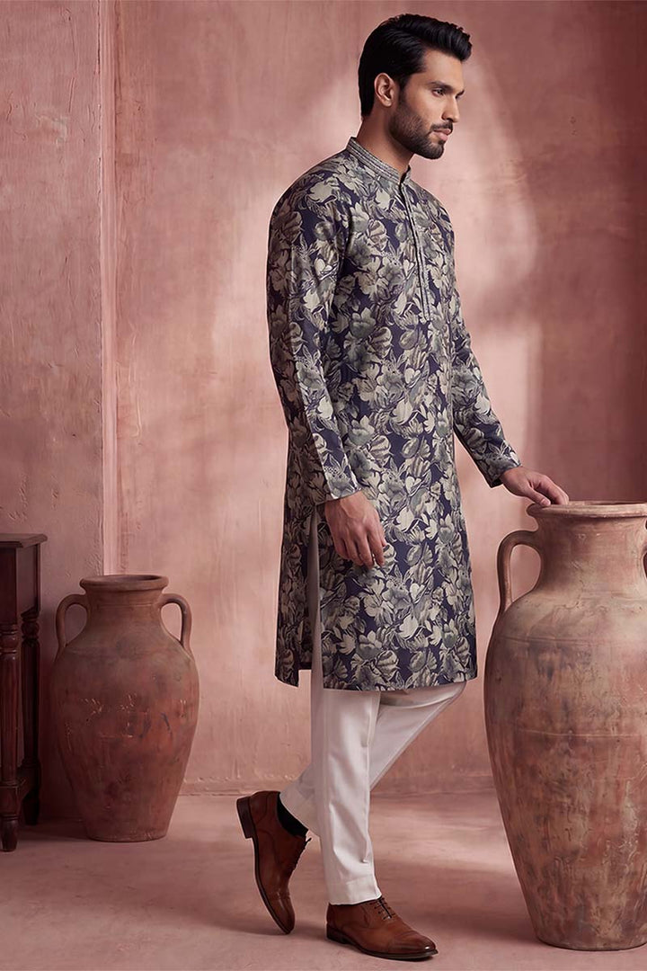 Mens Blue Viscose Rayon Floral Printed Kurta With Trousers | SHOBITAM