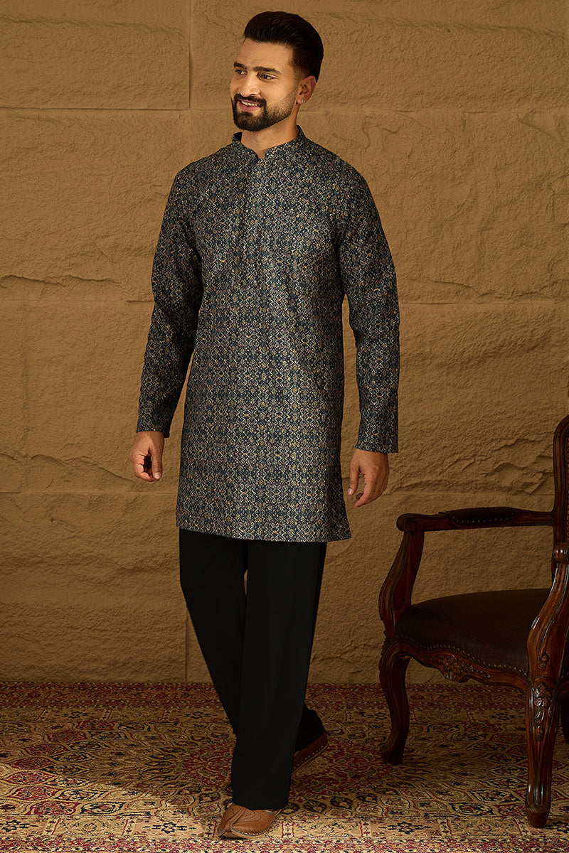 Navy Blue Viscose Rayon Geometric Printed Straight Kurta with Trouser | SHOBITAM