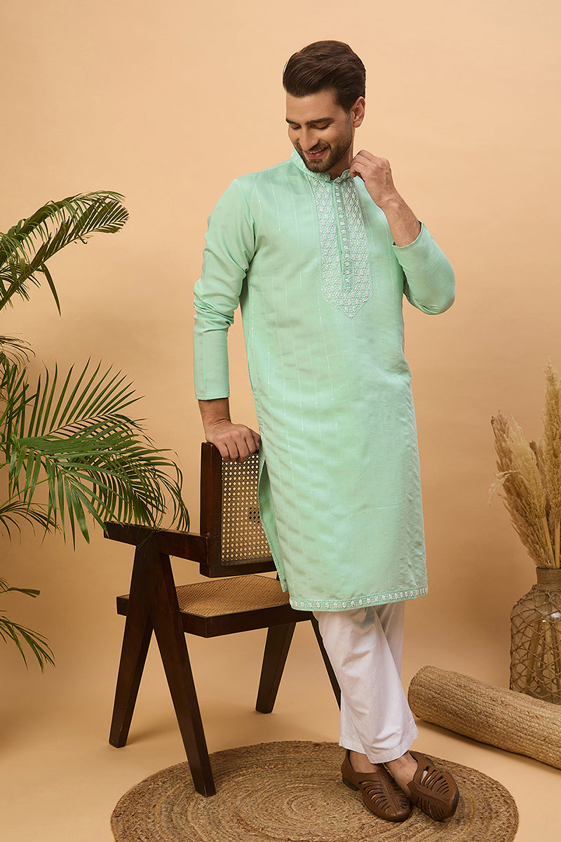 Blue Silk Blend Solid Embroidered Straight Kurta | SHOBITAM
