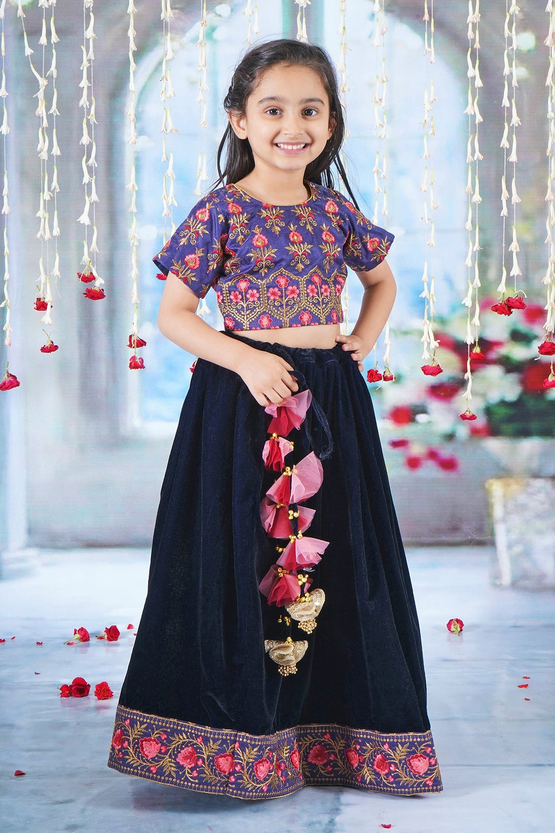 Girl Bageecha Floral Thread work Blouse with Velvet Lehenga and Sequin moti work Dupatta, accompanied with Hand made tassel and Ghungroo work | SHOBITAM