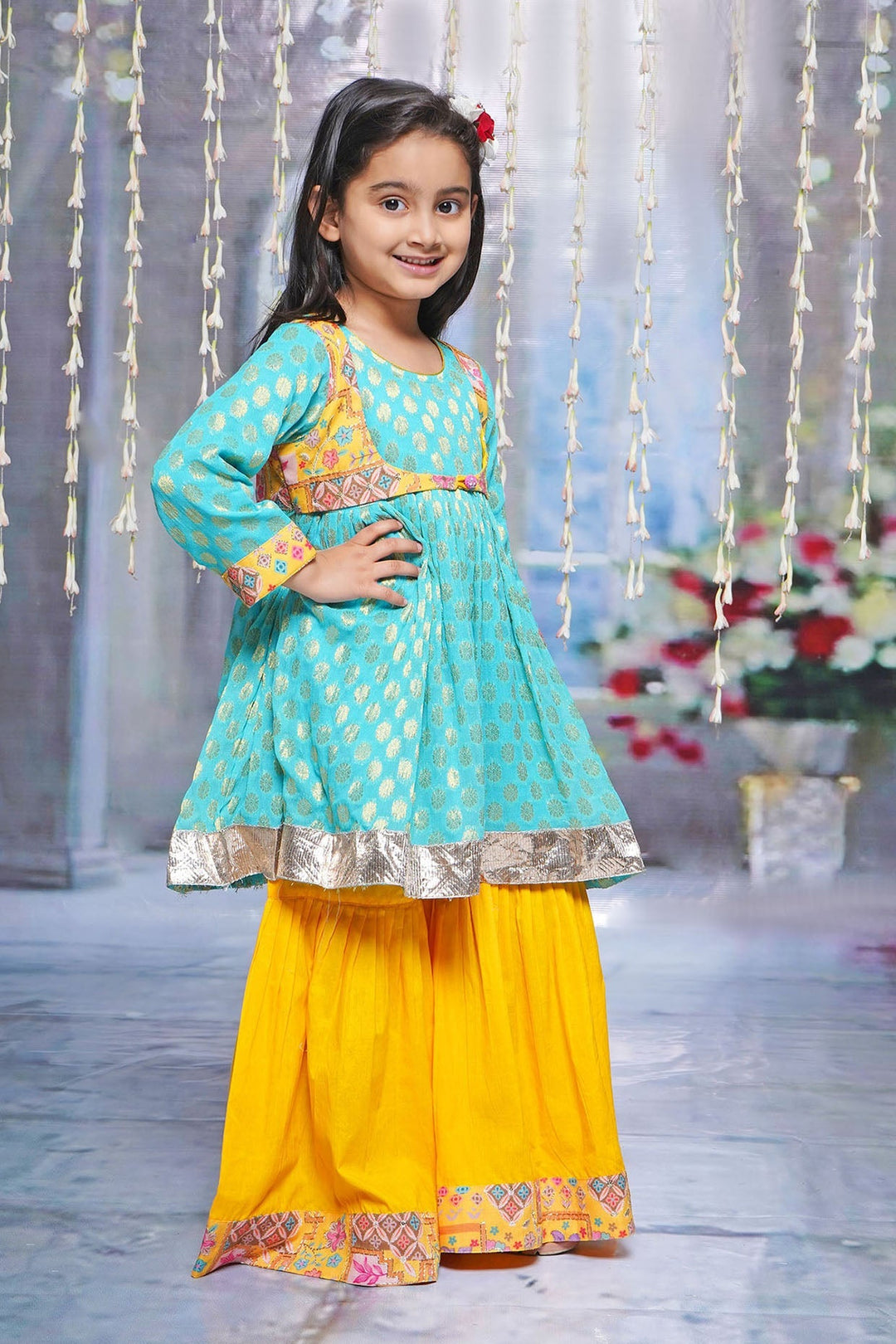 Girls Floral work Kurta with Sharara and Dupatta with Embroidery Work | SHOBITAM