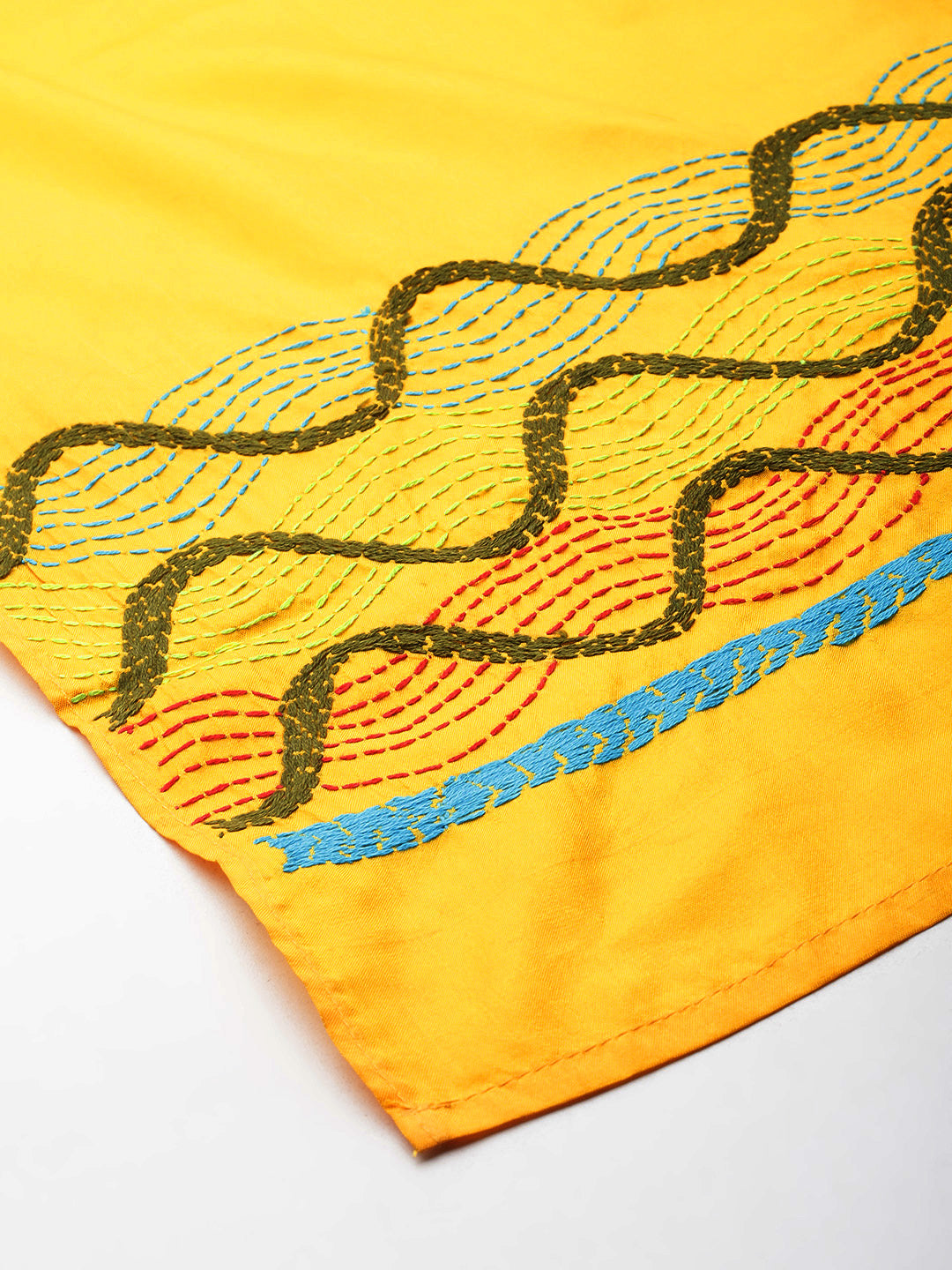 Yellow & Green Kantha Silk Stole | SHOBITAM