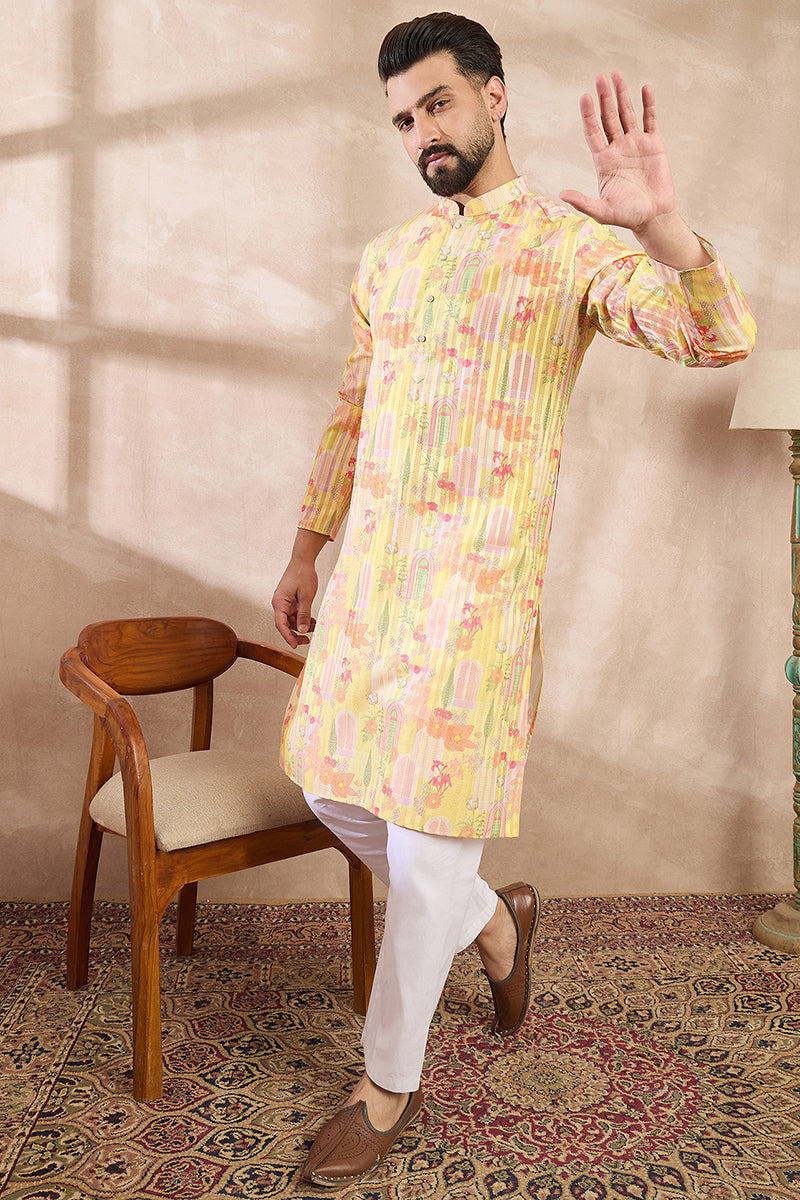 Yellow Silk Blend Abstract Printed Straight Kurta With Trouser | SHOBITAM