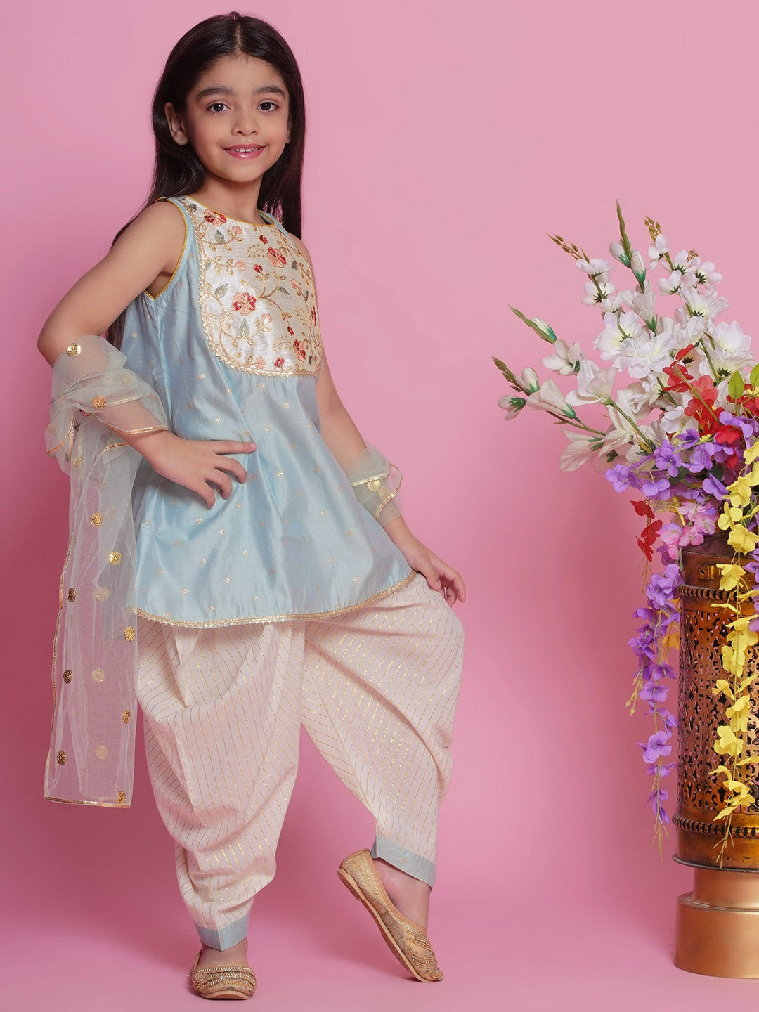 Chanderi Silk Floral Kurta with Dhoti Salwar & Dupatta - Dolphin Blue | SHOBITAM